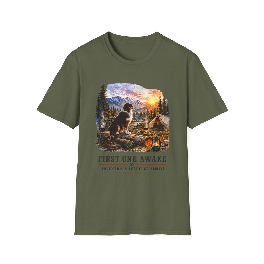 Red Tri Aussie Shepherd Camping T-Shirt — "First One Awake" Scenic Mountain Sunrise Tee
