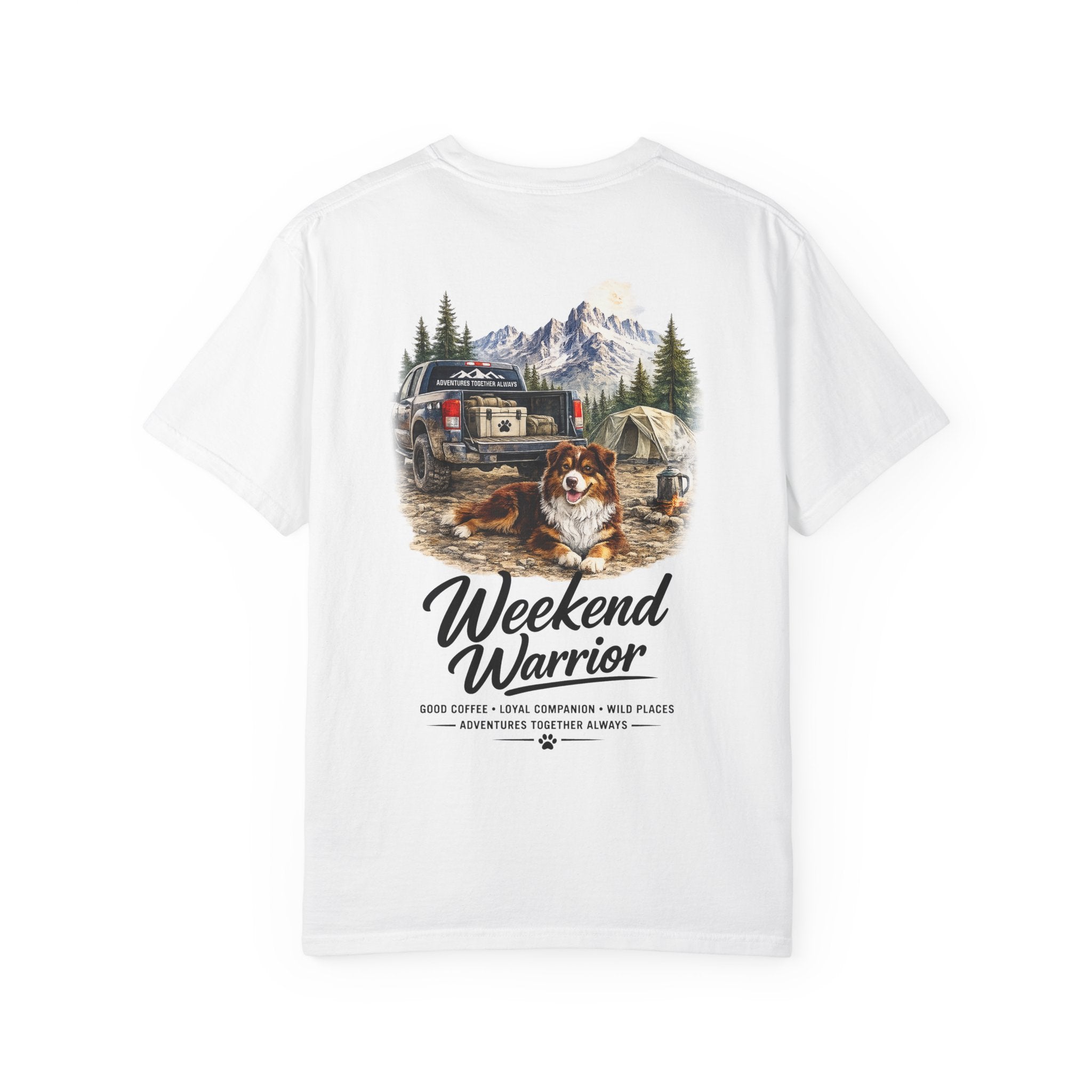 Weekend Warrior Australian Shepherd T-Shirt | Red Tri Aussie Camping Tee | Comfort Colors