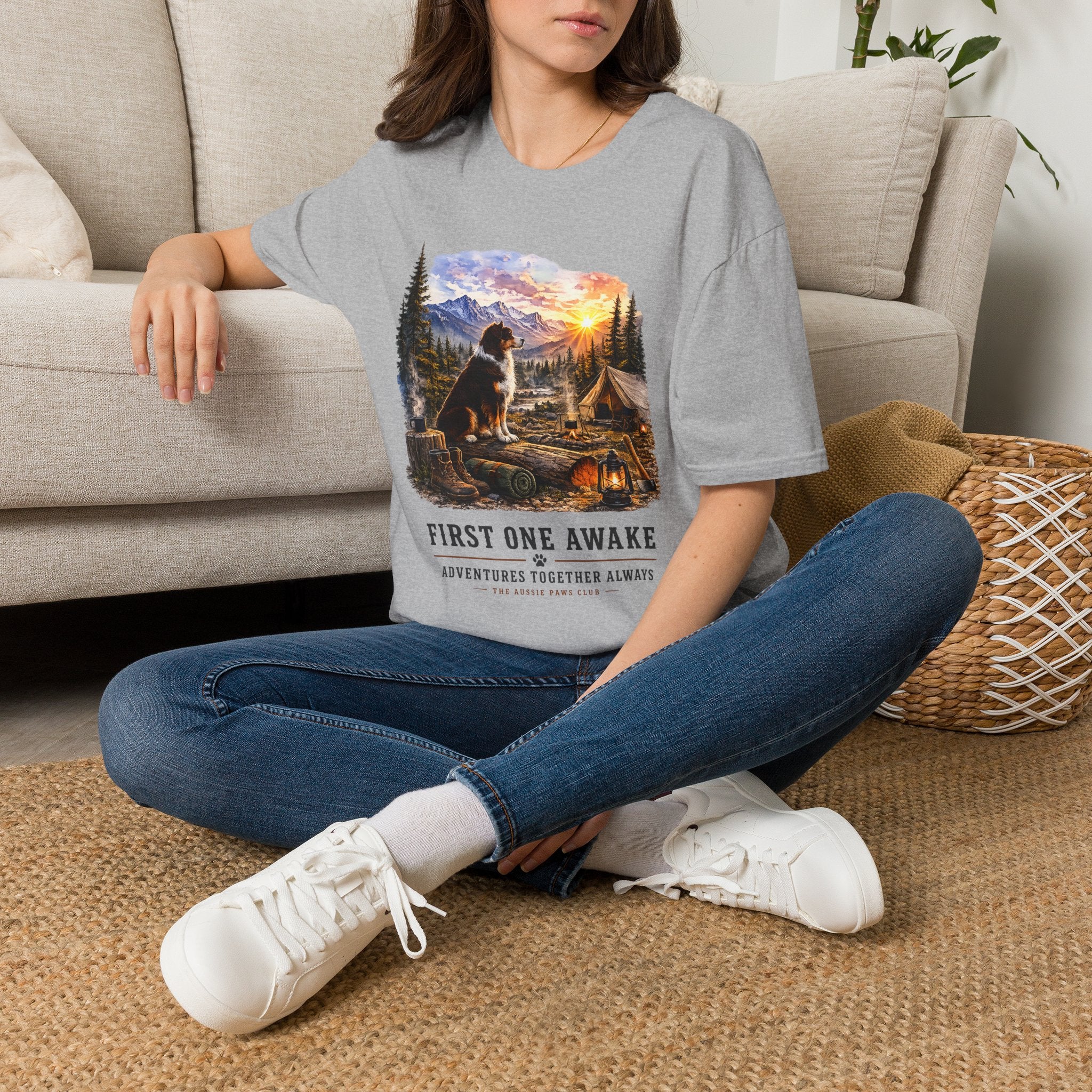 Red Tri Aussie Shepherd Camping T-Shirt — "First One Awake" Scenic Mountain Sunrise Tee