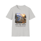 Aussie Blue Merle Camping T-Shirt — "First One Awake" Scenic Mountain Sunrise Tee