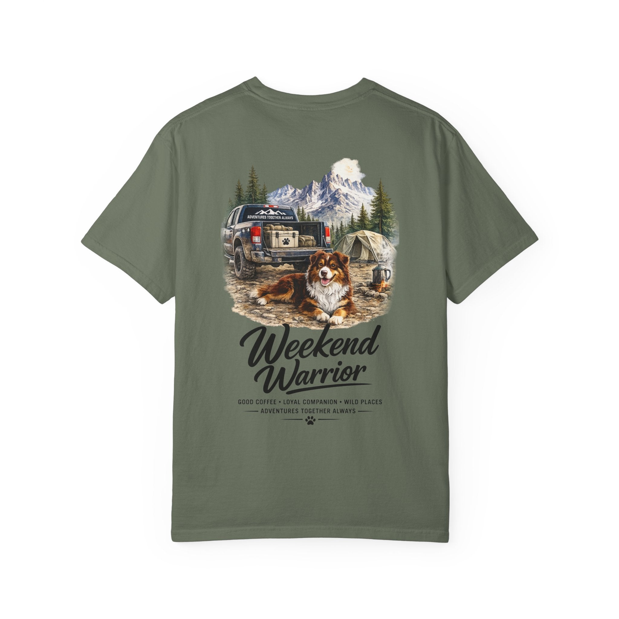 Weekend Warrior Australian Shepherd T-Shirt | Red Tri Aussie Camping Tee | Comfort Colors