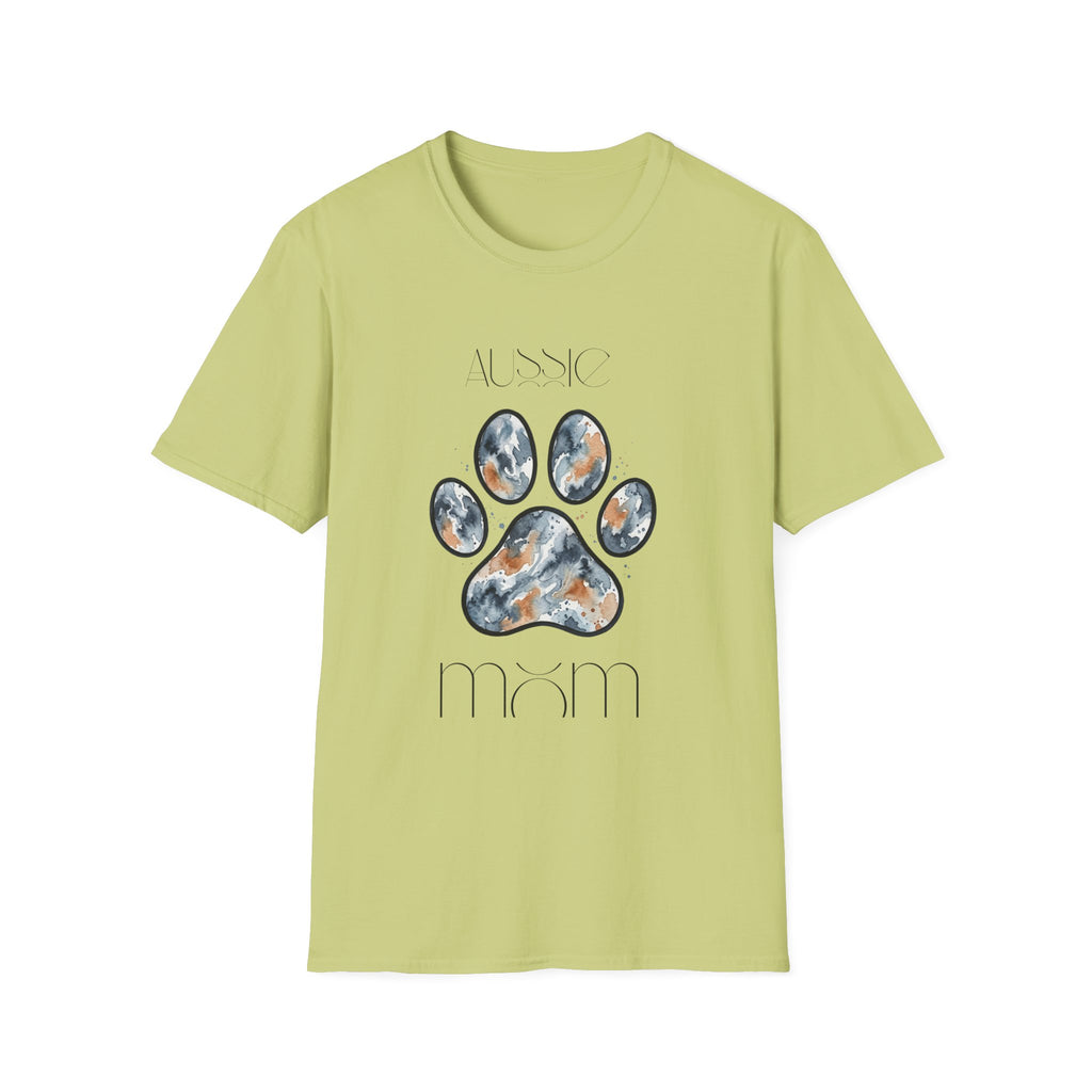 Aussie Mom Merle Paw Print T-Shirt | Watercolor Blue Merle Australian Shepherd Shirt