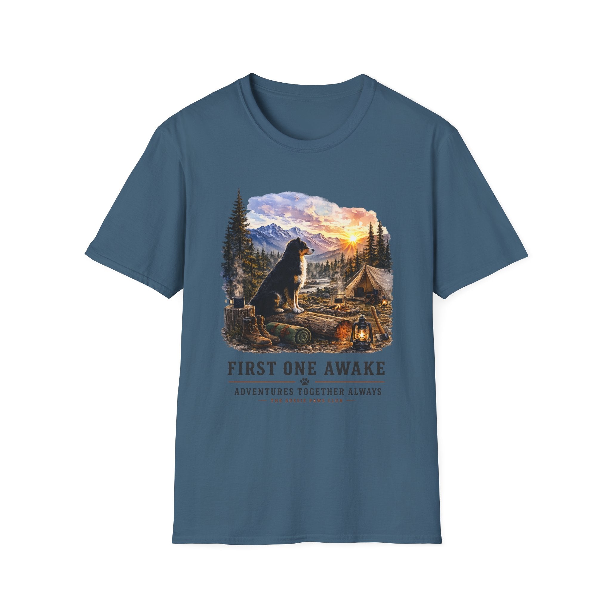 Black Tri Colored Aussie Shepherd Camping T-Shirt — "First One Awake" Scenic Mountain Sunrise Tee