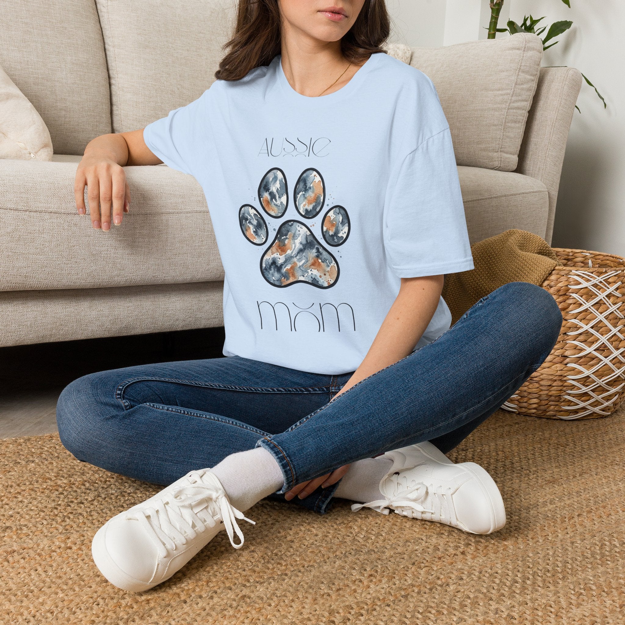 Aussie Mom Merle Paw Print T-Shirt | Watercolor Blue Merle Australian Shepherd Shirt