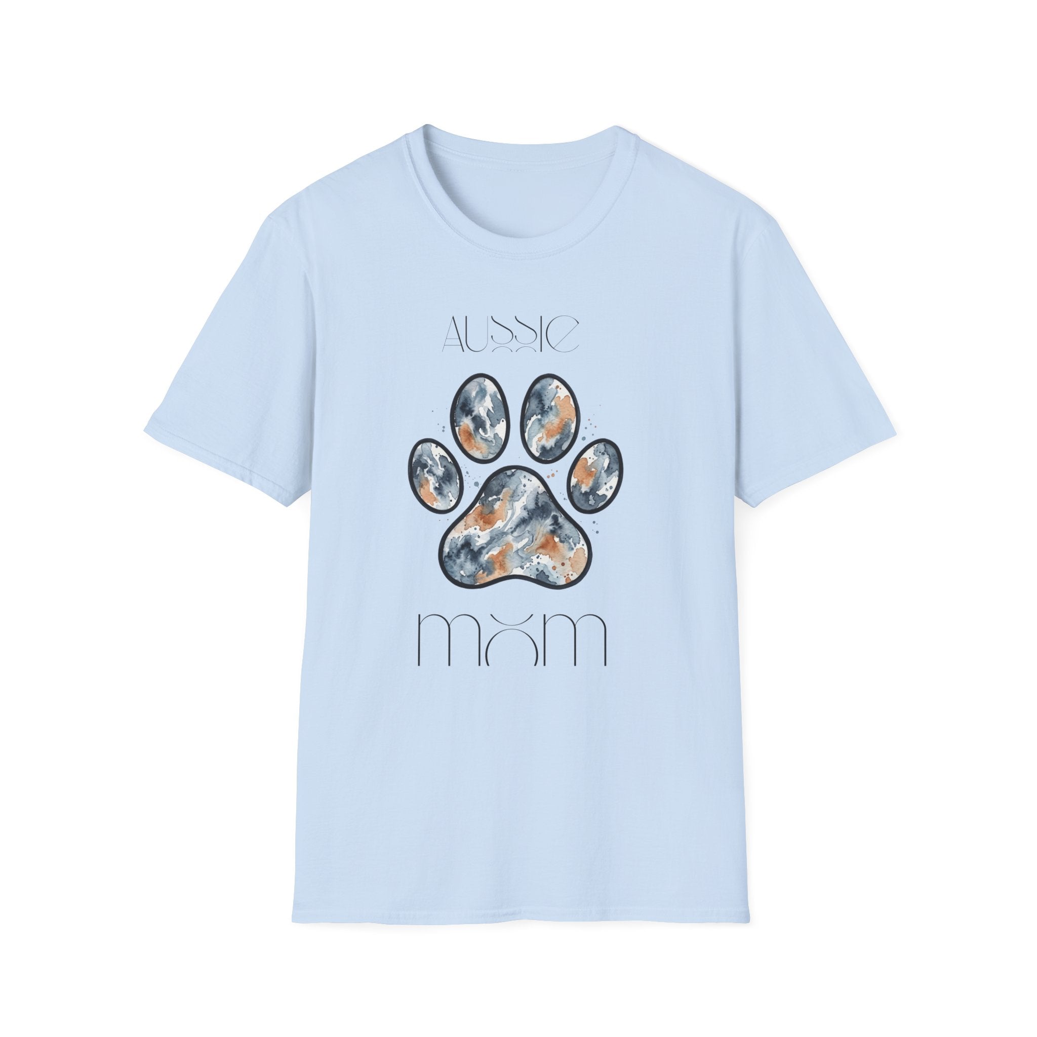 Aussie Mom Merle Paw Print T-Shirt | Watercolor Blue Merle Australian Shepherd Shirt
