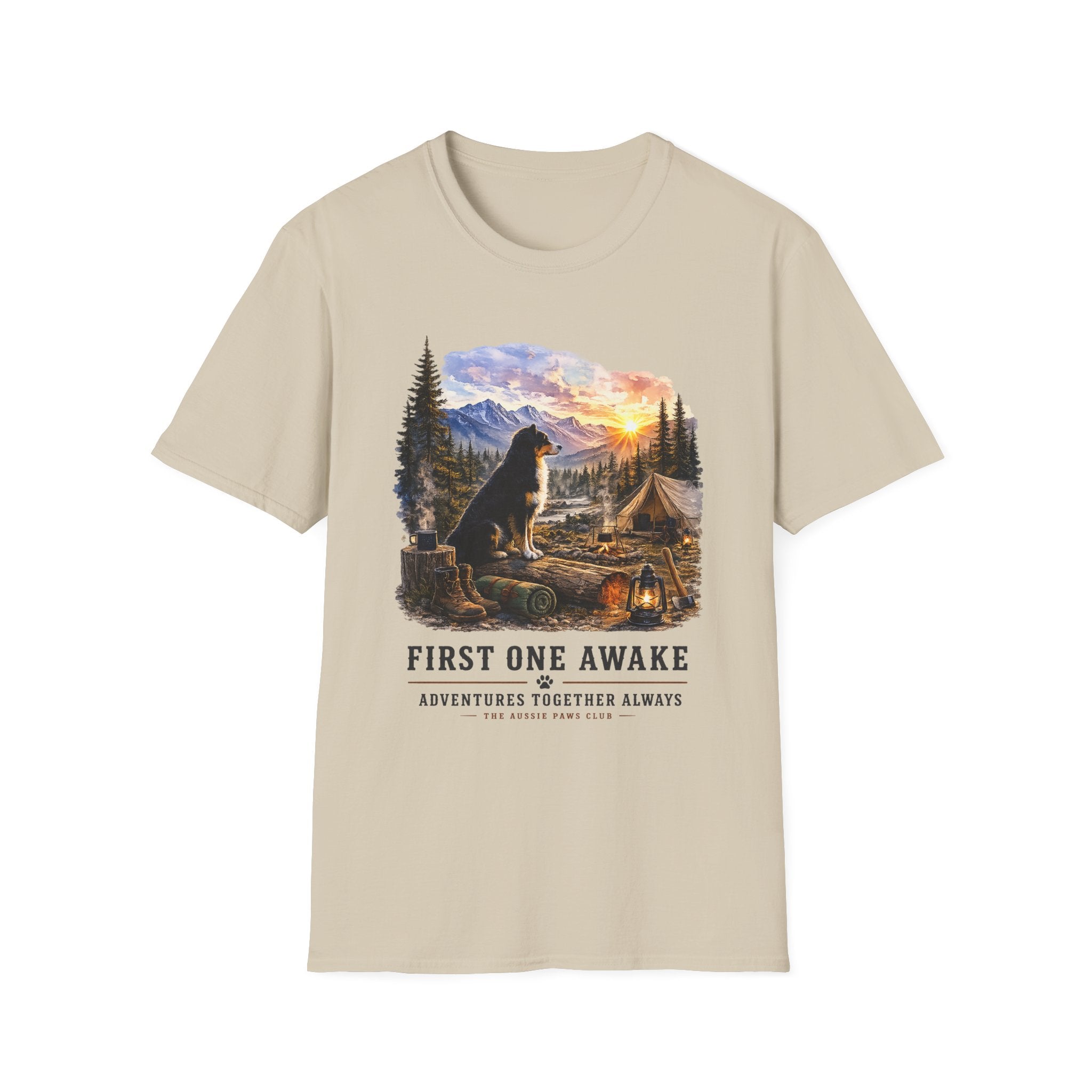 Black Tri Colored Aussie Shepherd Camping T-Shirt — "First One Awake" Scenic Mountain Sunrise Tee