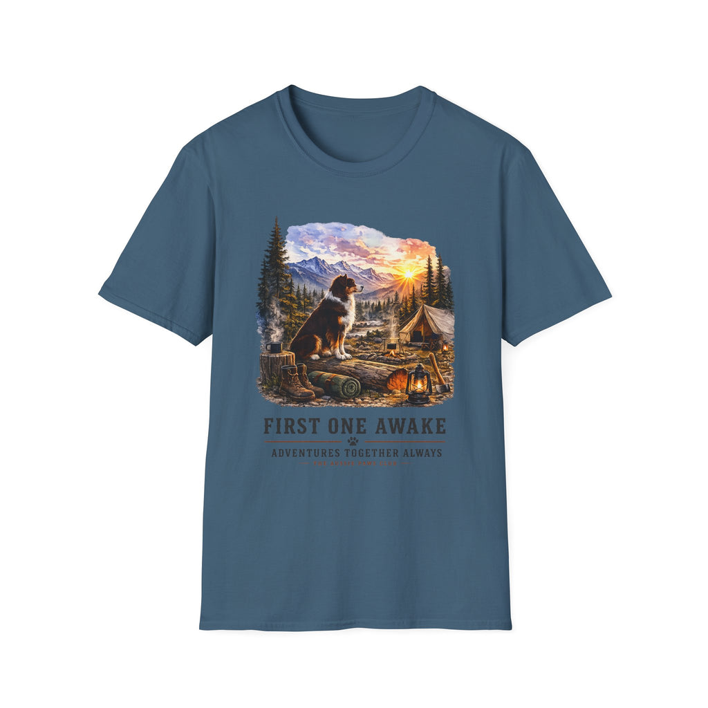 Red Tri Aussie Shepherd Camping T-Shirt — "First One Awake" Scenic Mountain Sunrise Tee