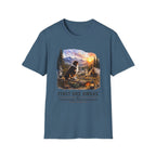 Red Tri Aussie Shepherd Camping T-Shirt — "First One Awake" Scenic Mountain Sunrise Tee