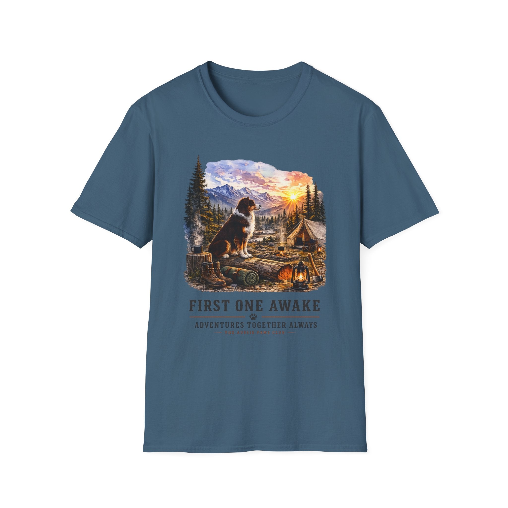 Red Tri Aussie Shepherd Camping T-Shirt — "First One Awake" Scenic Mountain Sunrise Tee
