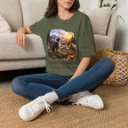 Red Tri Aussie Shepherd Camping T-Shirt — "First One Awake" Scenic Mountain Sunrise Tee