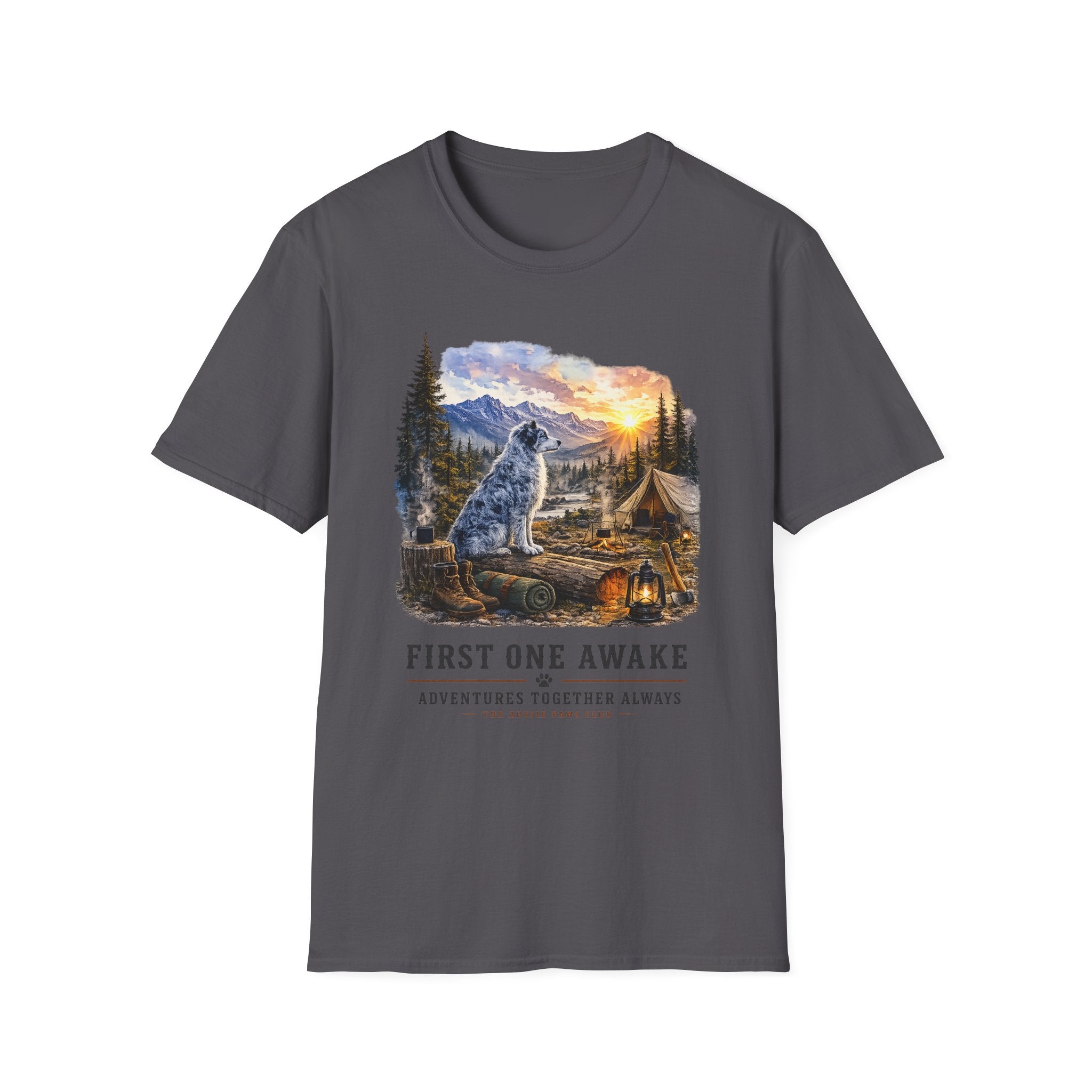 Aussie Blue Merle Camping T-Shirt — "First One Awake" Scenic Mountain Sunrise Tee
