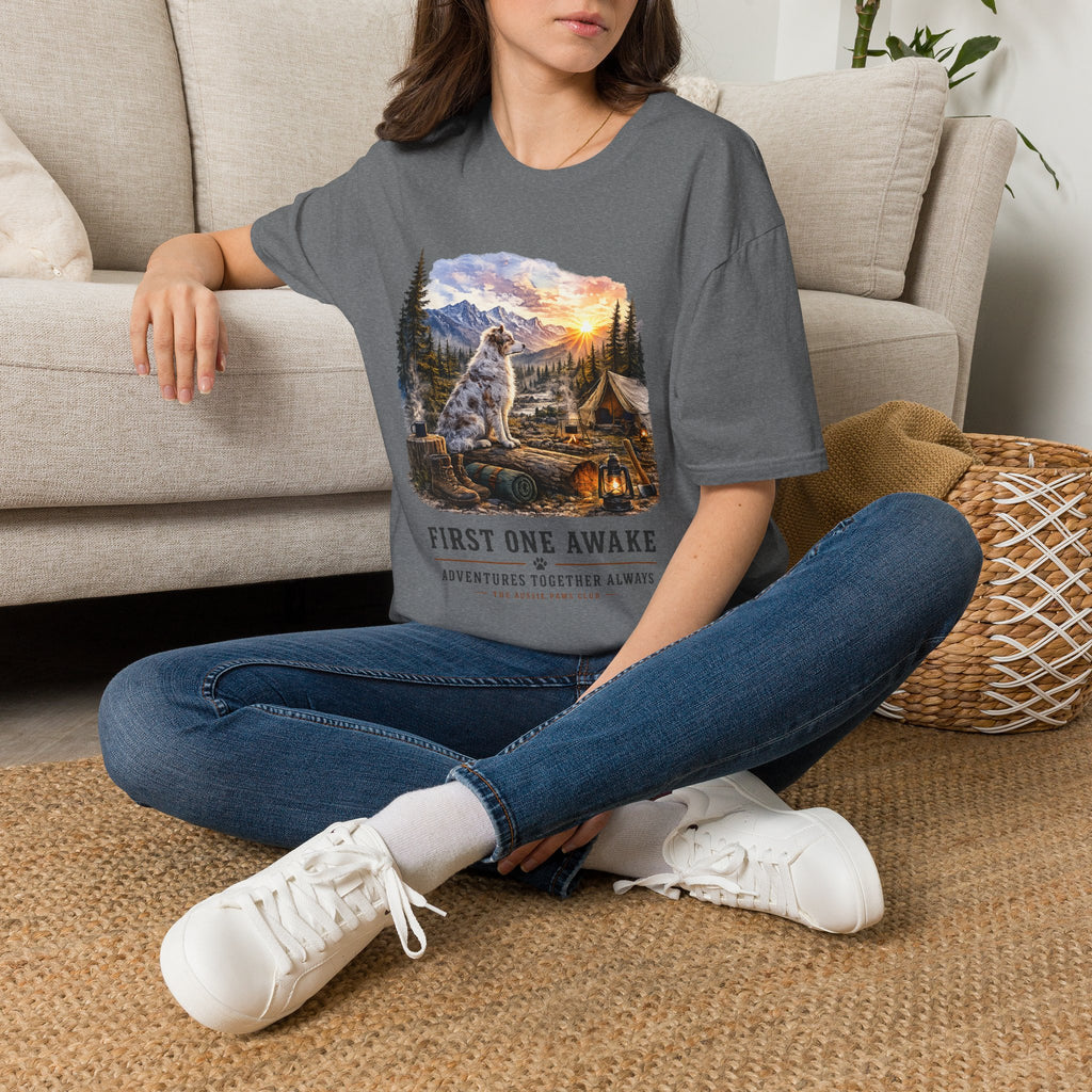 Aussie Red Merle Camping T-Shirt — "First One Awake" Scenic Mountain Sunrise Tee