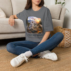 Aussie Red Merle Camping T-Shirt — "First One Awake" Scenic Mountain Sunrise Tee