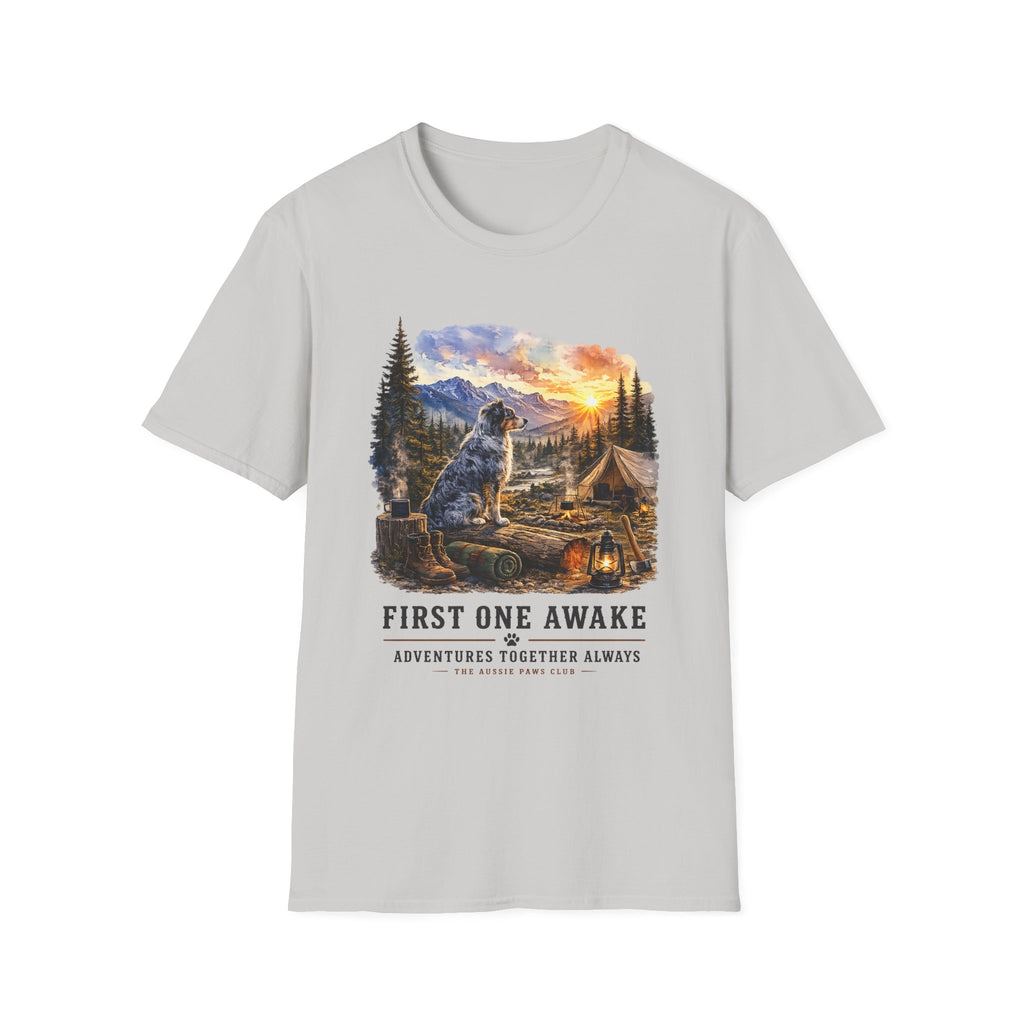 Camping Aussie T-Shirt — "First One Awake" Scenic Mountain Sunrise Tee