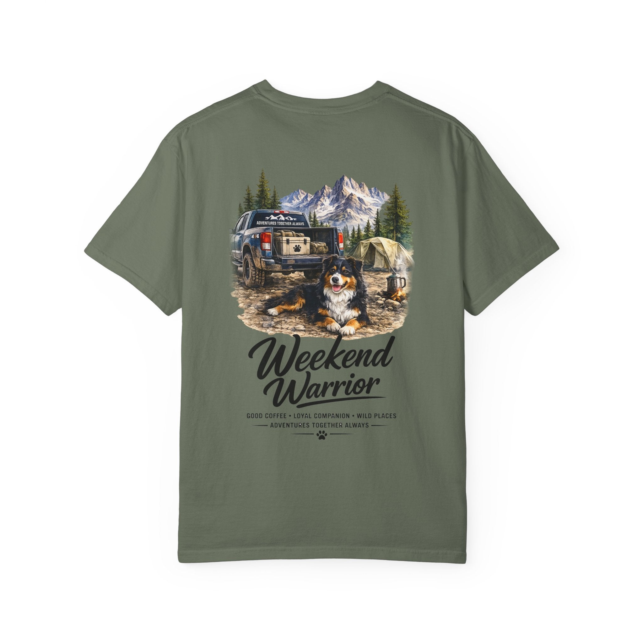 Weekend Warrior Australian Shepherd T-Shirt | Black Tri Aussie Camping Tee | Comfort Colors