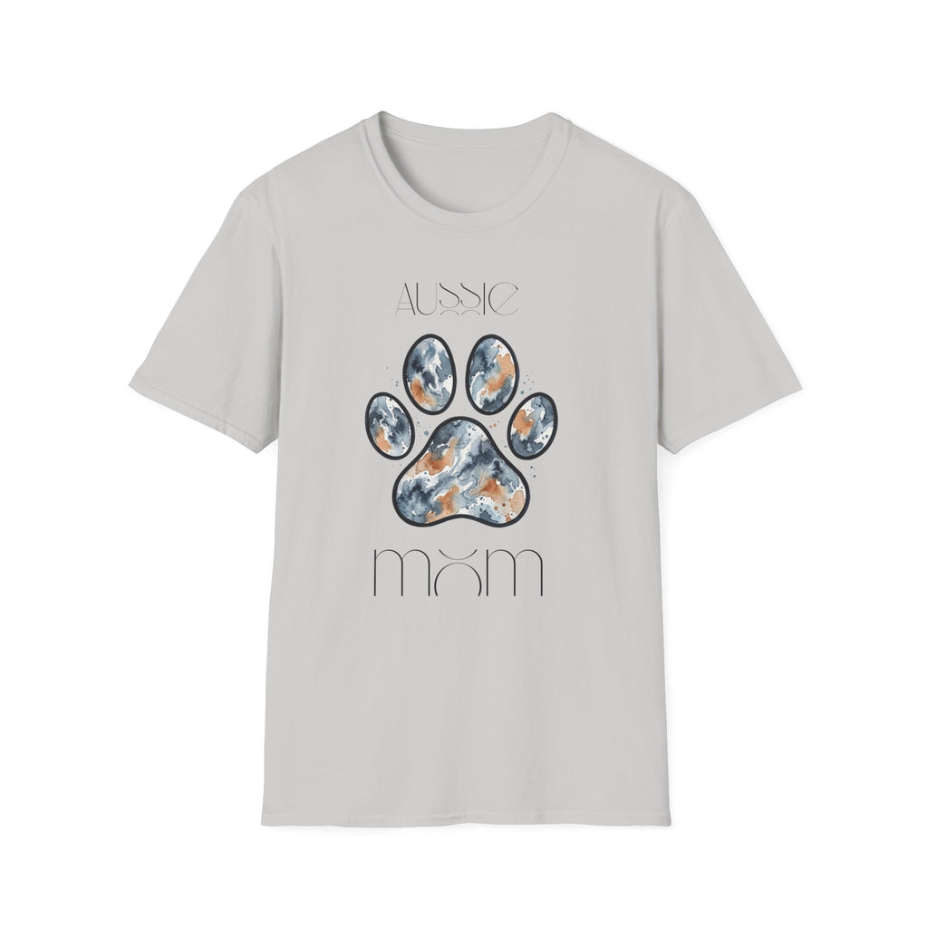 Aussie Mom Merle Paw Print T-Shirt | Watercolor Blue Merle Australian Shepherd Shirt