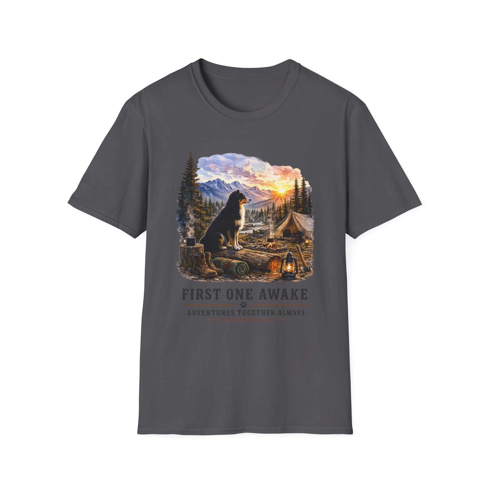 Black Tri Colored Aussie Shepherd Camping T-Shirt — "First One Awake" Scenic Mountain Sunrise Tee