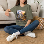 Aussie Red Merle Camping T-Shirt — "First One Awake" Scenic Mountain Sunrise Tee