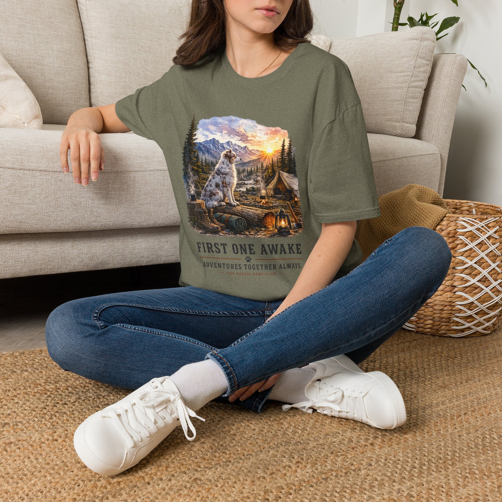 Aussie Red Merle Camping T-Shirt — "First One Awake" Scenic Mountain Sunrise Tee
