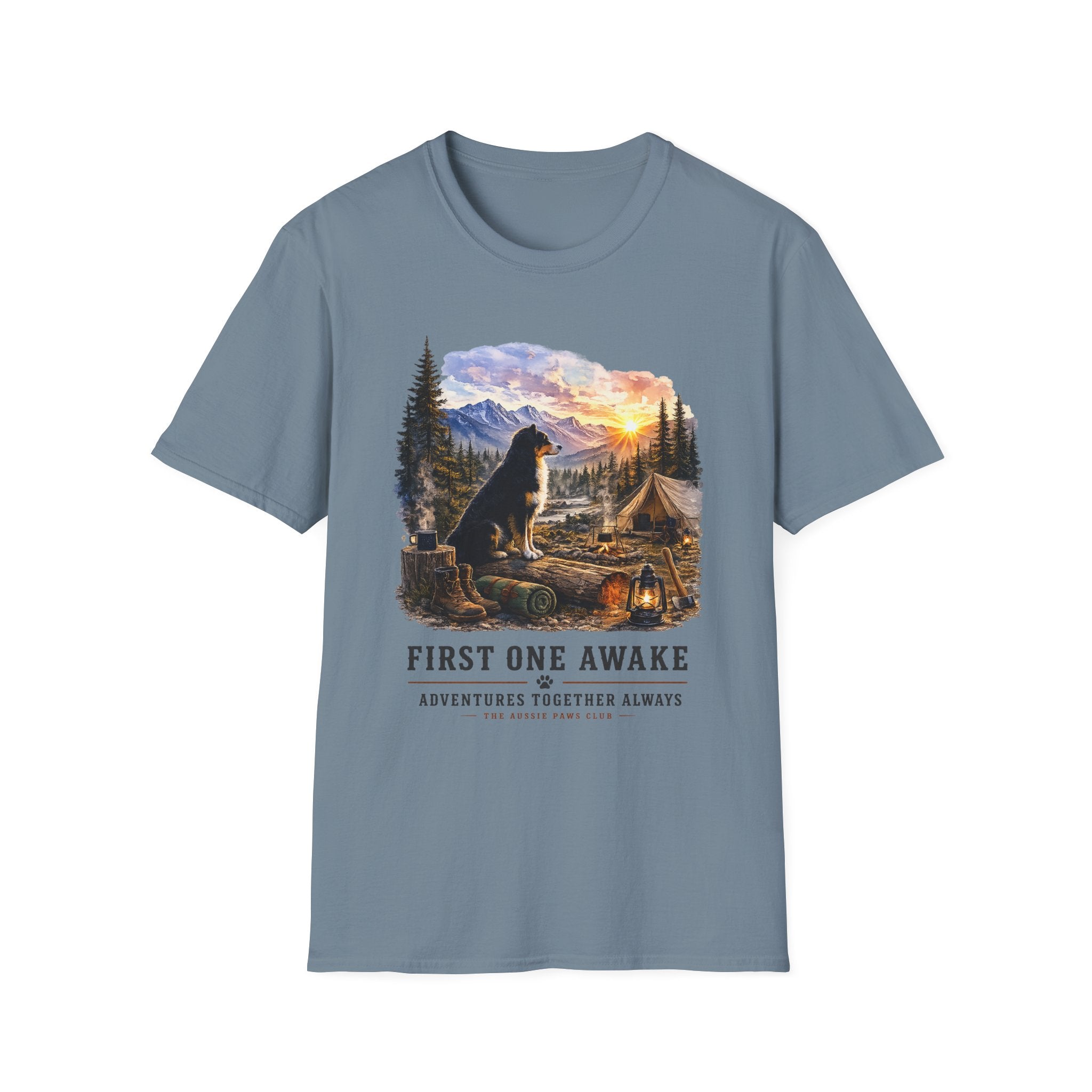 Black Tri Colored Aussie Shepherd Camping T-Shirt — "First One Awake" Scenic Mountain Sunrise Tee