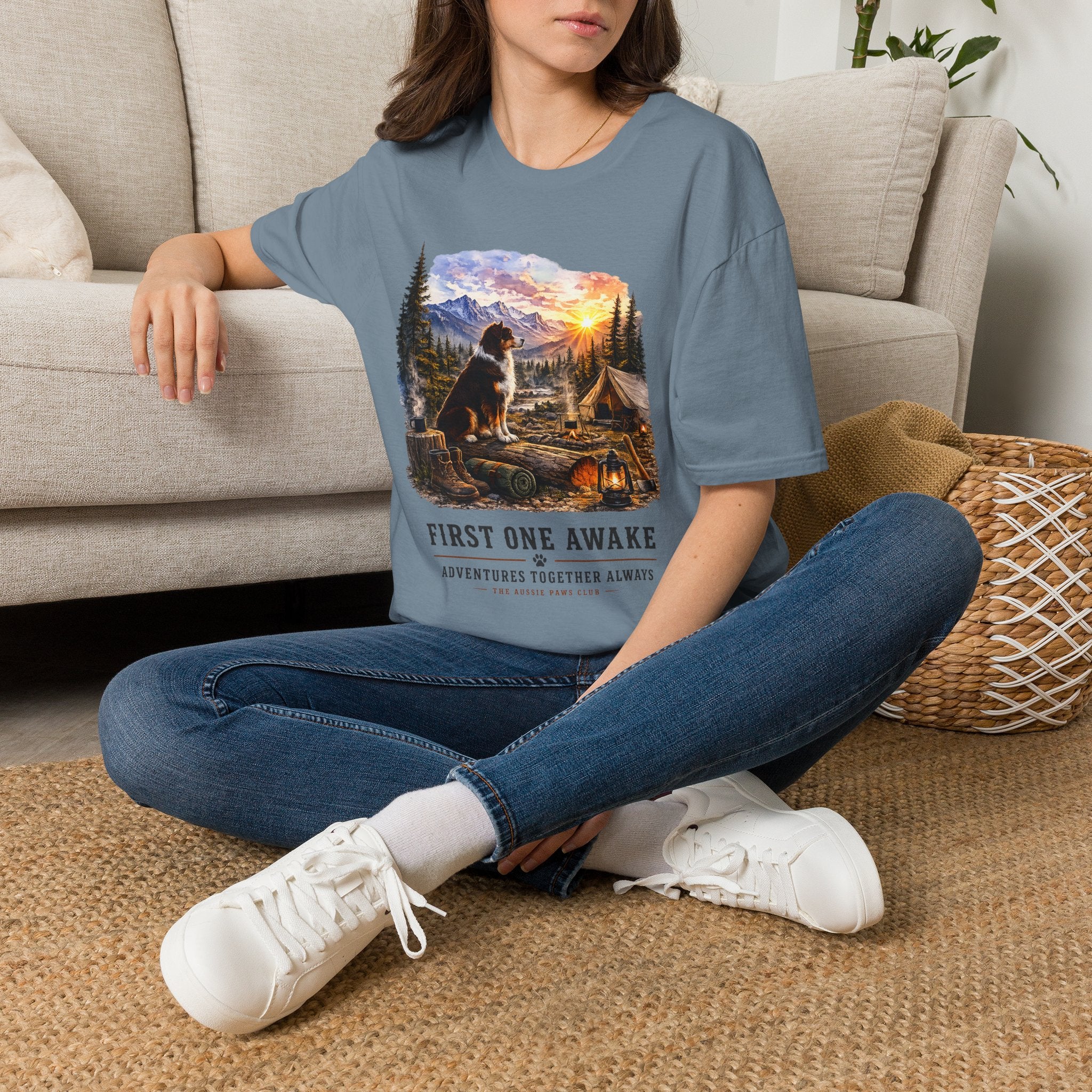 Red Tri Aussie Shepherd Camping T-Shirt — "First One Awake" Scenic Mountain Sunrise Tee