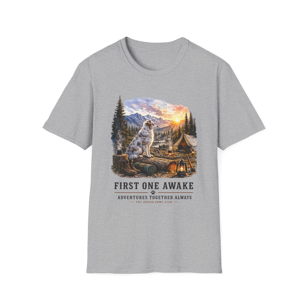 Aussie Red Merle Camping T-Shirt — "First One Awake" Scenic Mountain Sunrise Tee