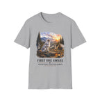 Aussie Red Merle Camping T-Shirt — "First One Awake" Scenic Mountain Sunrise Tee