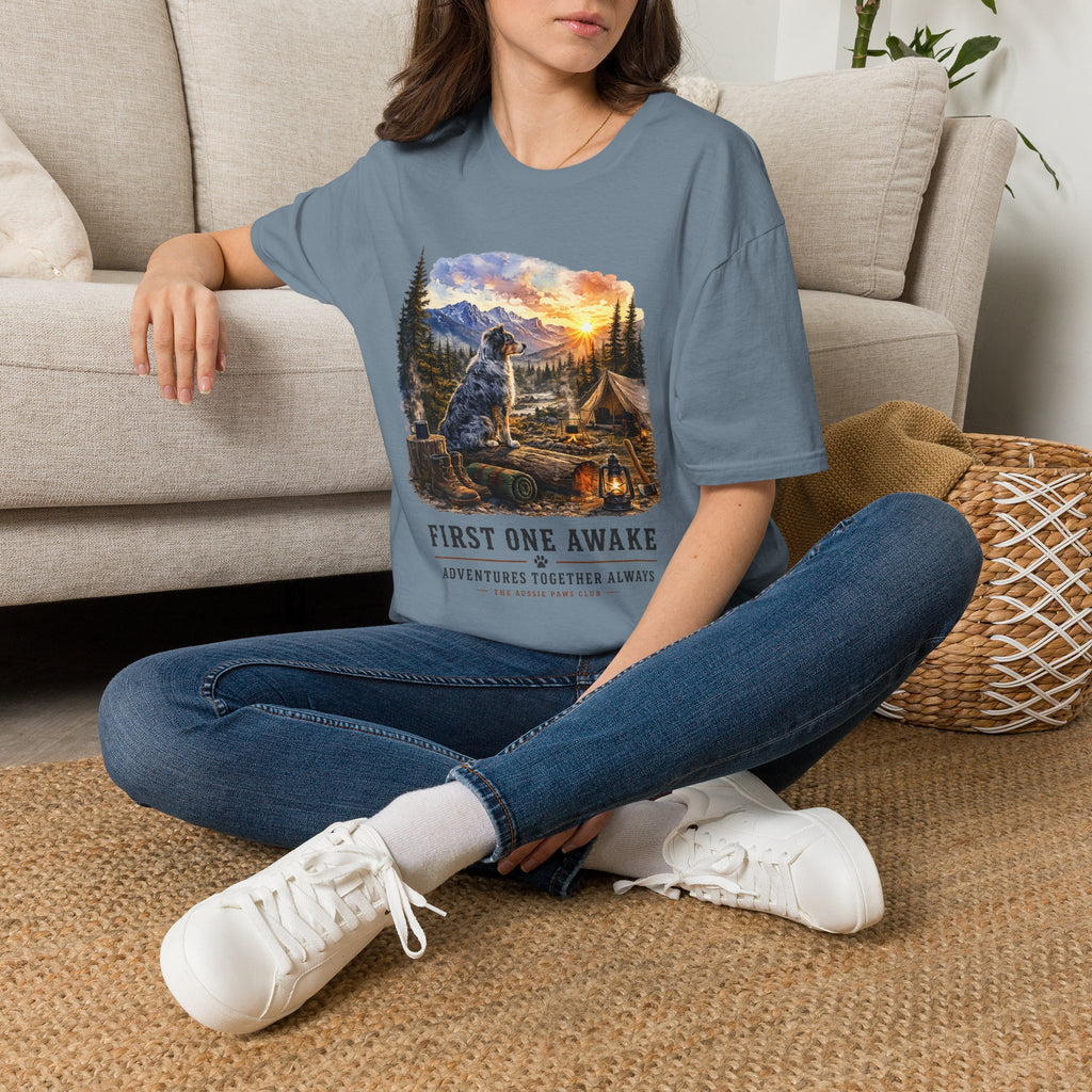 Camping Aussie T-Shirt — "First One Awake" Scenic Mountain Sunrise Tee