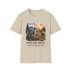 Camping Aussie T-Shirt — "First One Awake" Scenic Mountain Sunrise Tee