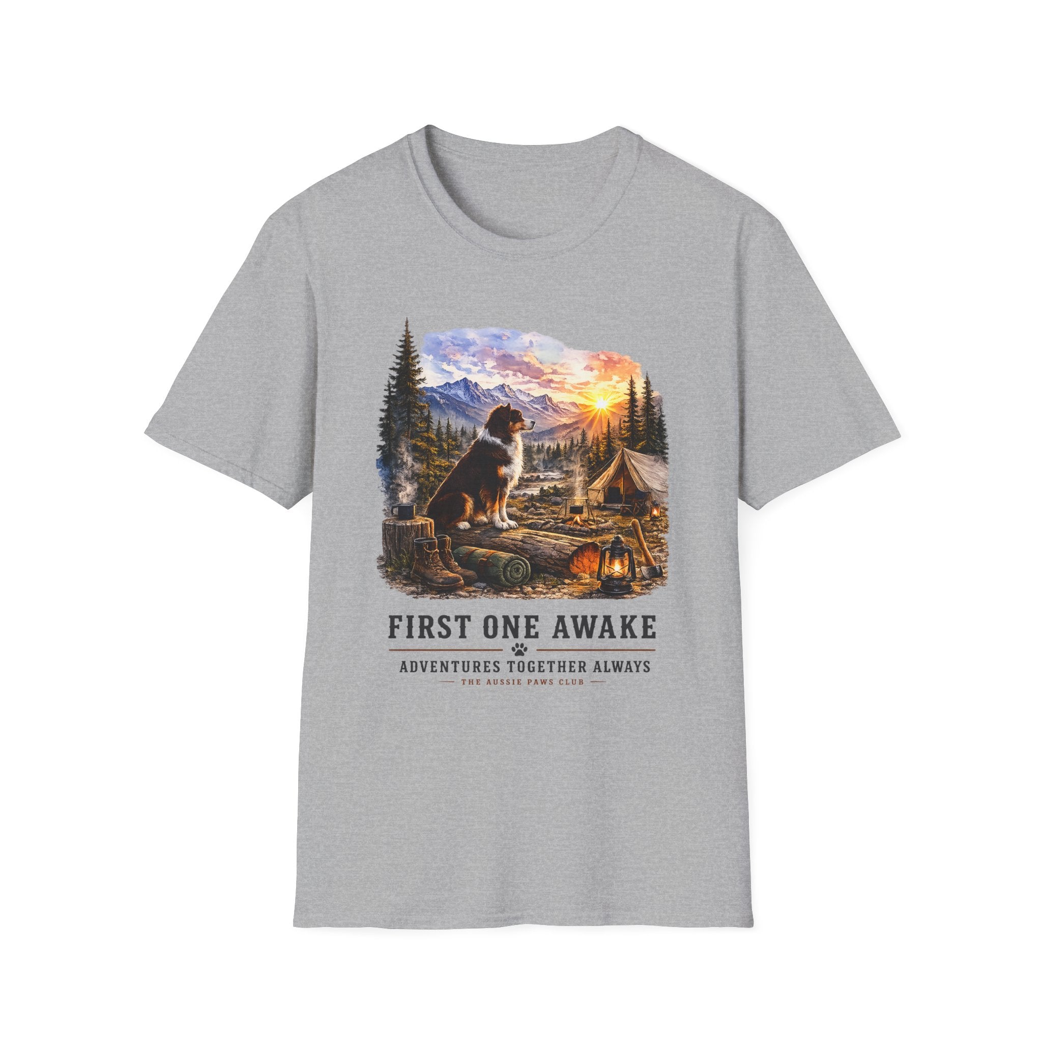 Red Tri Aussie Shepherd Camping T-Shirt — "First One Awake" Scenic Mountain Sunrise Tee
