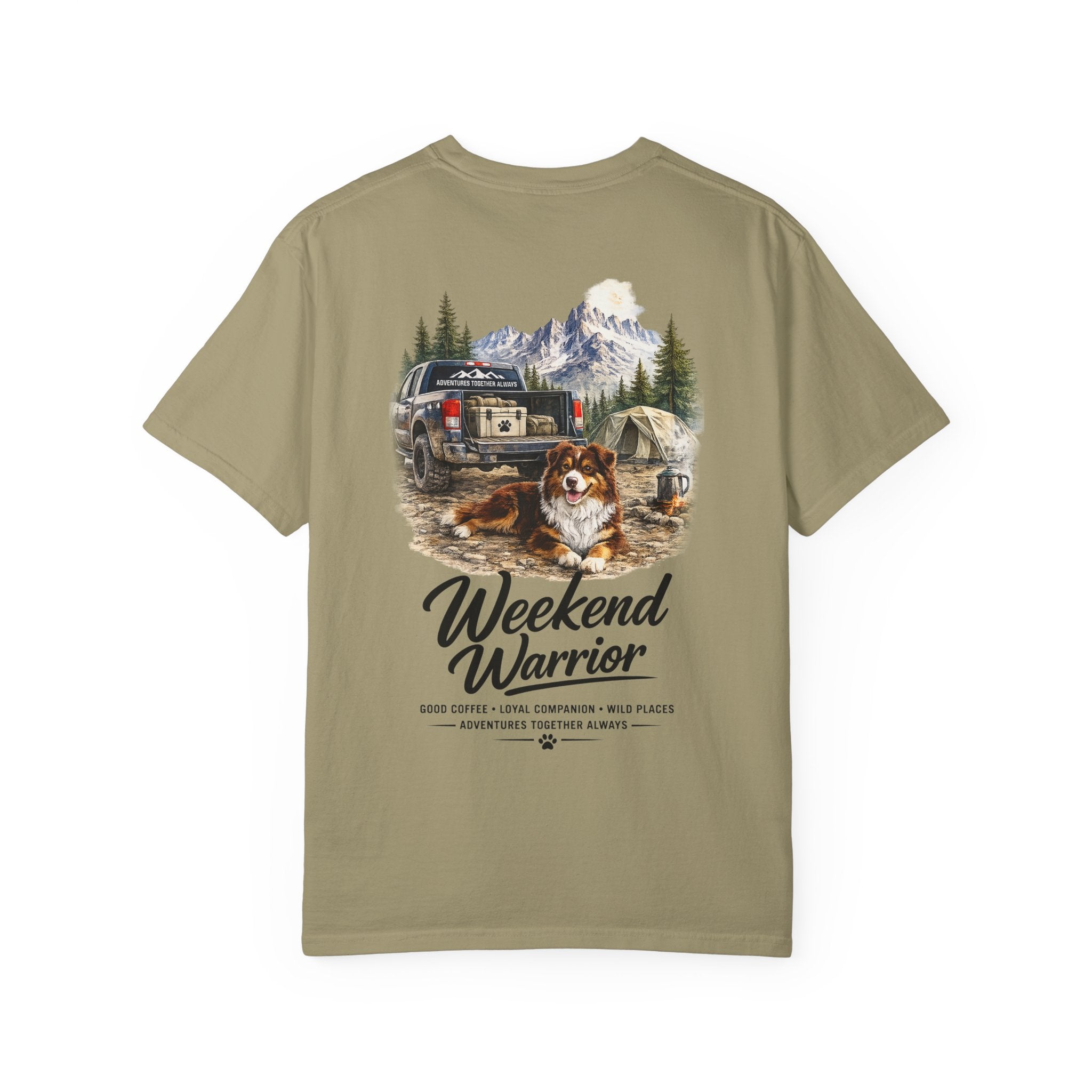Weekend Warrior Australian Shepherd T-Shirt | Red Tri Aussie Camping Tee | Comfort Colors