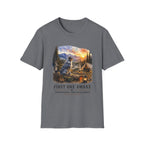 Camping Aussie T-Shirt — "First One Awake" Scenic Mountain Sunrise Tee