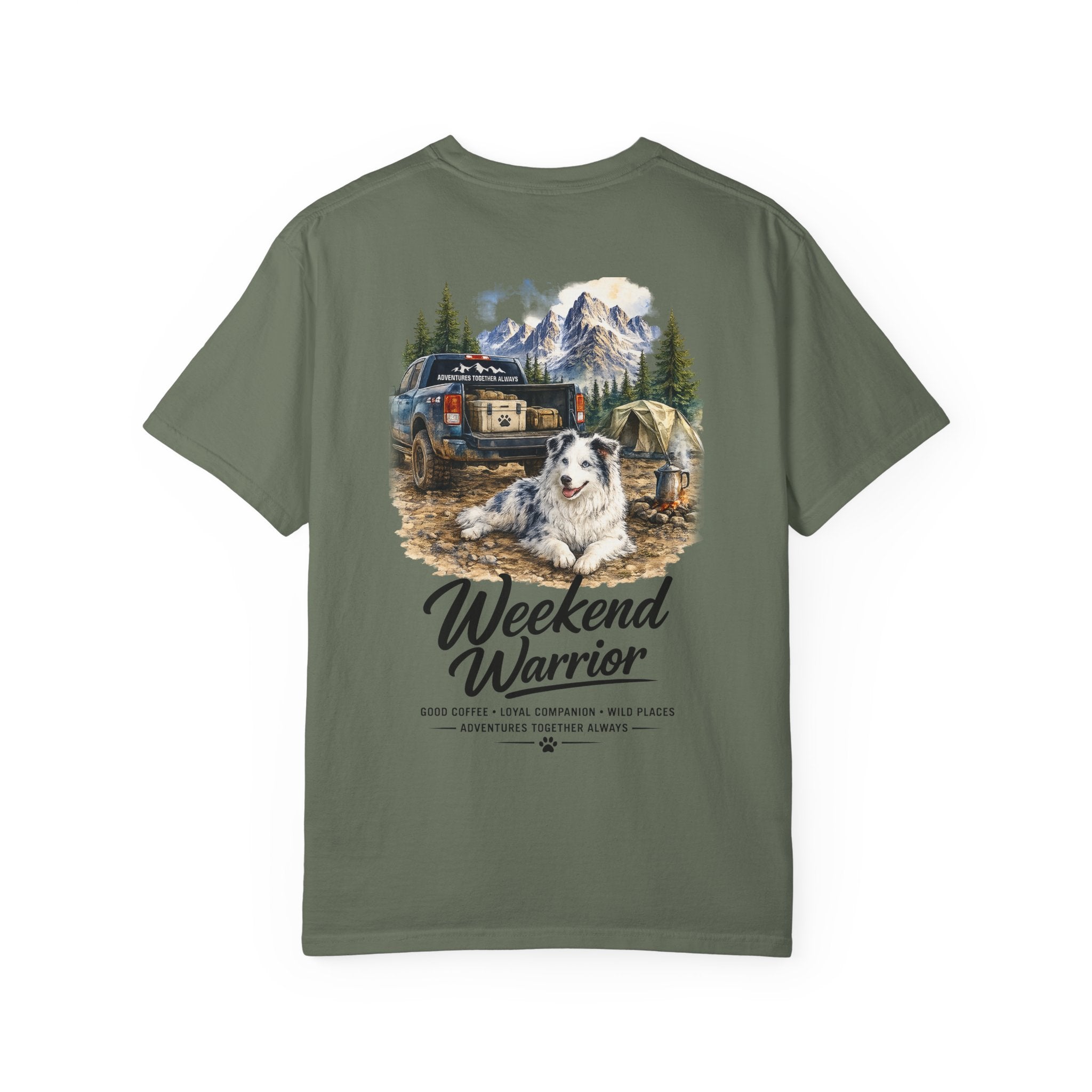 Weekend Warrior Australian Shepherd T-Shirt | Blue Merle Aussie Camping Tee | Comfort Colors