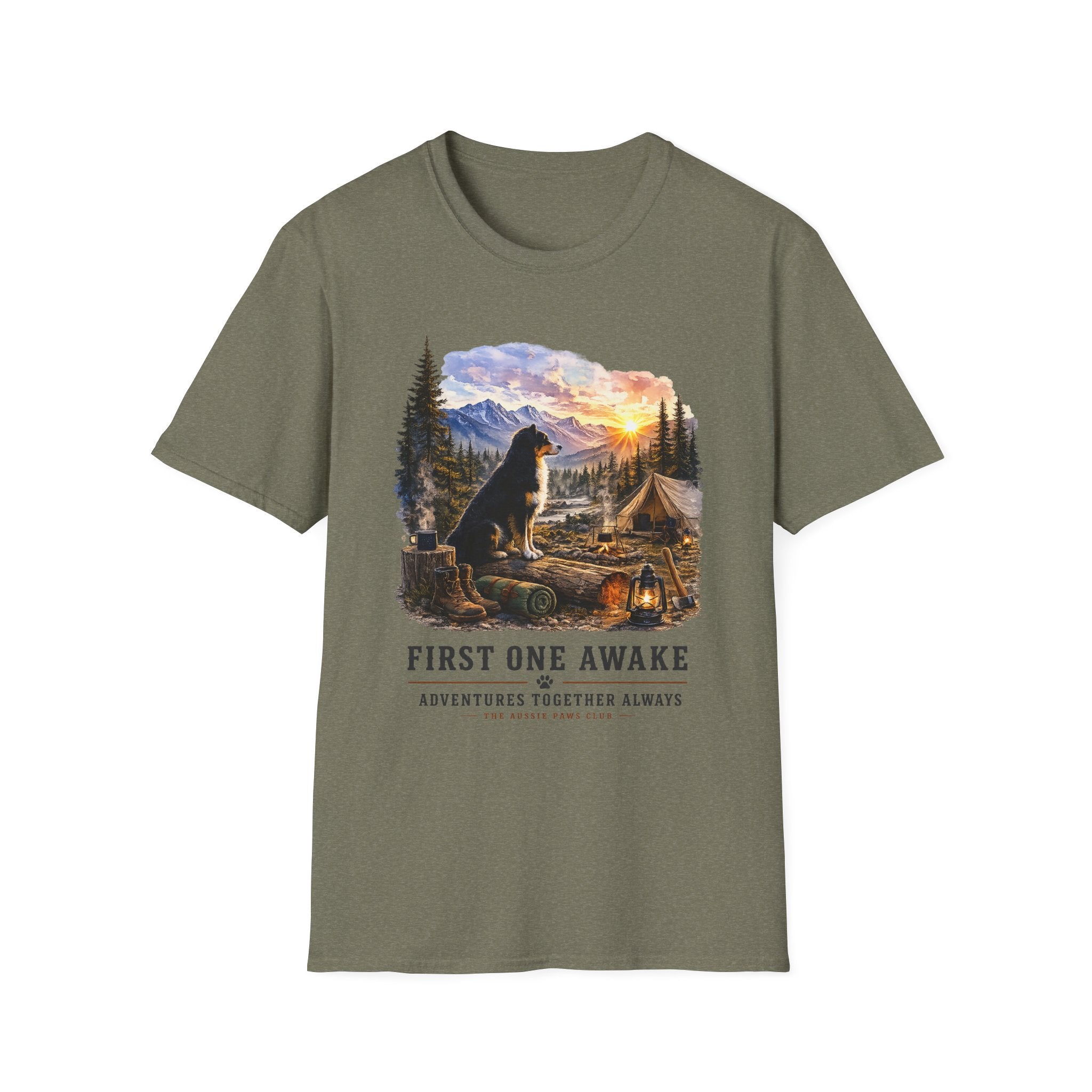 Black Tri Colored Aussie Shepherd Camping T-Shirt — "First One Awake" Scenic Mountain Sunrise Tee