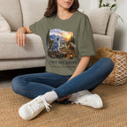 Aussie Blue Merle Camping T-Shirt — "First One Awake" Scenic Mountain Sunrise Tee