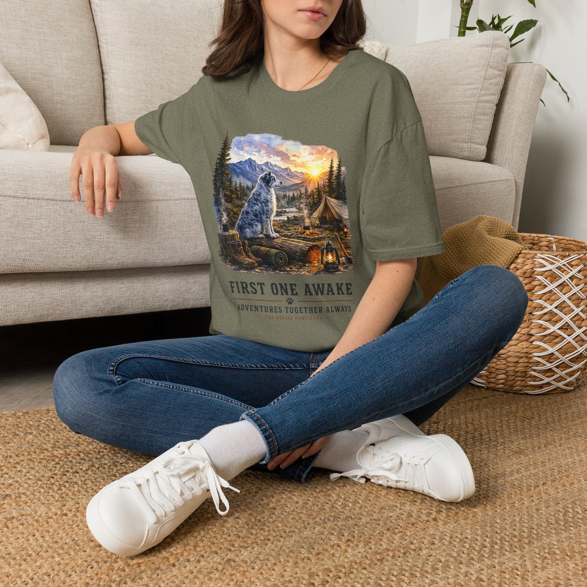 Aussie Blue Merle Camping T-Shirt — "First One Awake" Scenic Mountain Sunrise Tee