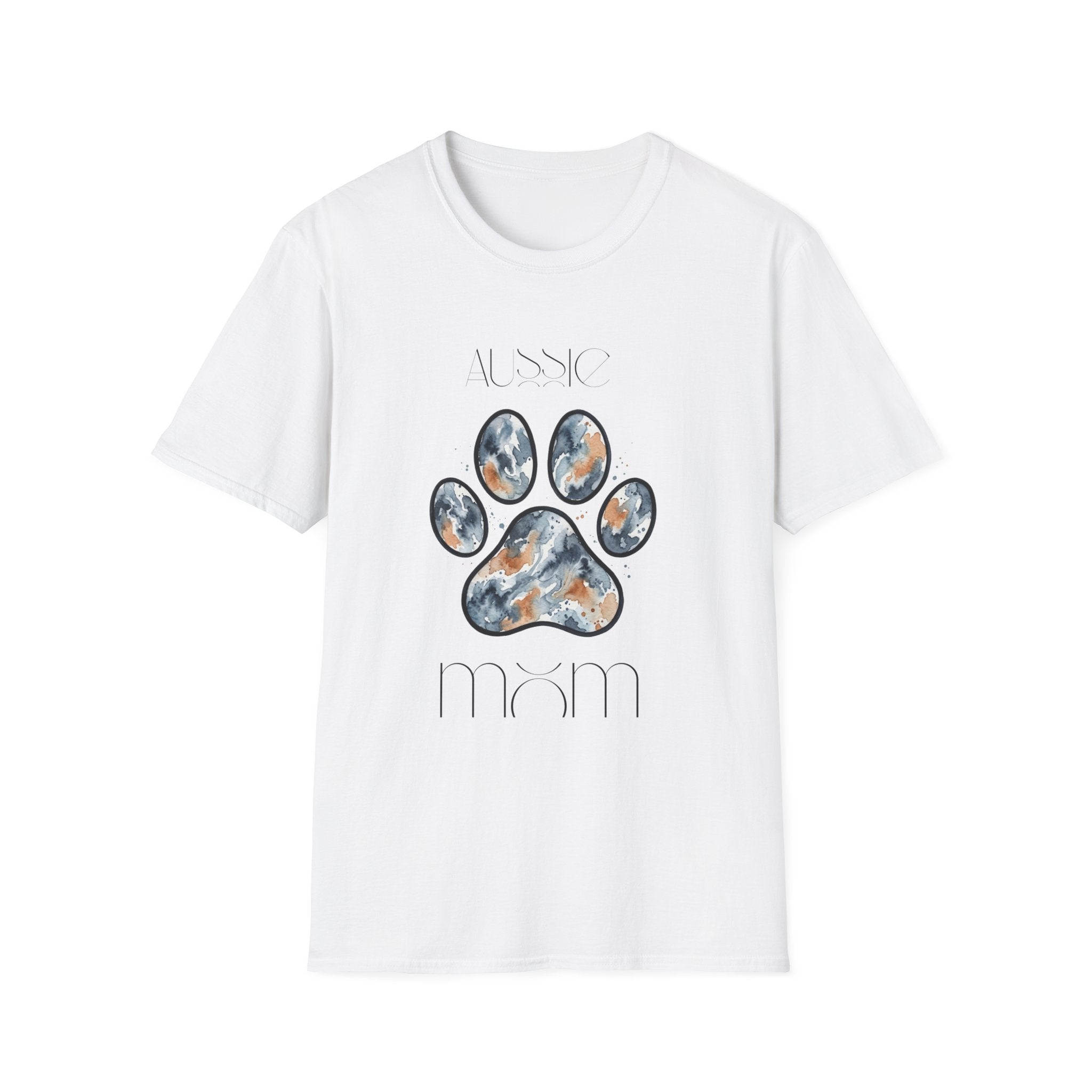 Aussie Mom Merle Paw Print T-Shirt | Watercolor Blue Merle Australian Shepherd Shirt