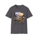 Aussie Red Merle Camping T-Shirt — "First One Awake" Scenic Mountain Sunrise Tee