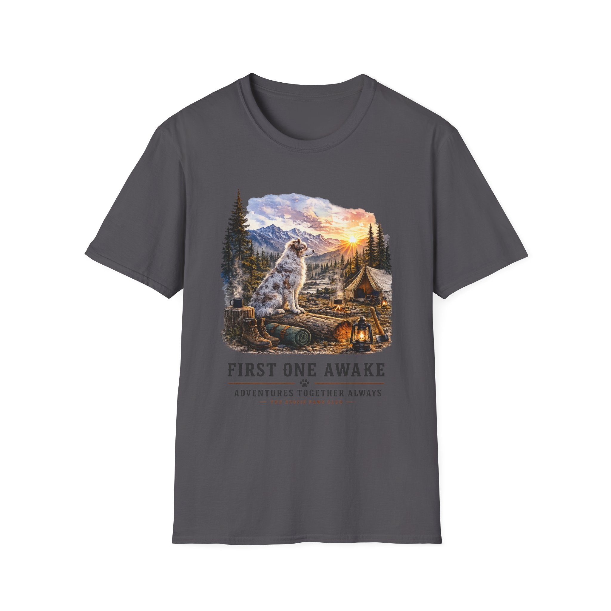 Aussie Red Merle Camping T-Shirt — "First One Awake" Scenic Mountain Sunrise Tee