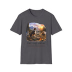 Red Tri Aussie Shepherd Camping T-Shirt — "First One Awake" Scenic Mountain Sunrise Tee