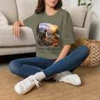 Red Tri Aussie Shepherd Camping T-Shirt — "First One Awake" Scenic Mountain Sunrise Tee