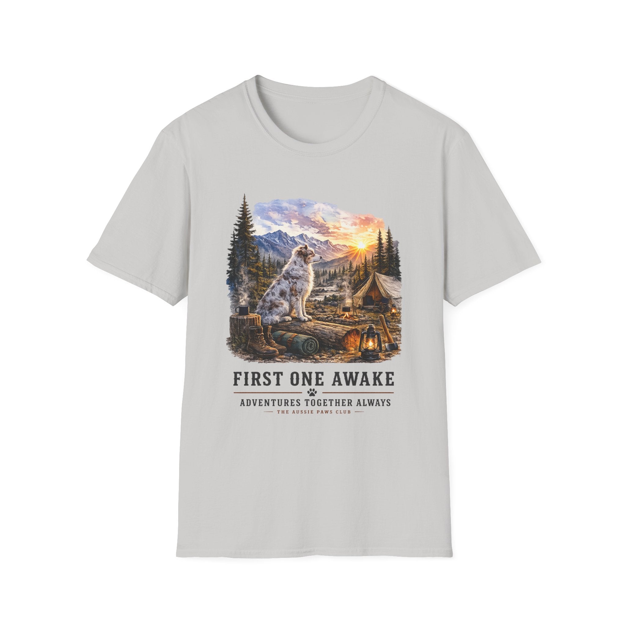 Aussie Red Merle Camping T-Shirt — "First One Awake" Scenic Mountain Sunrise Tee