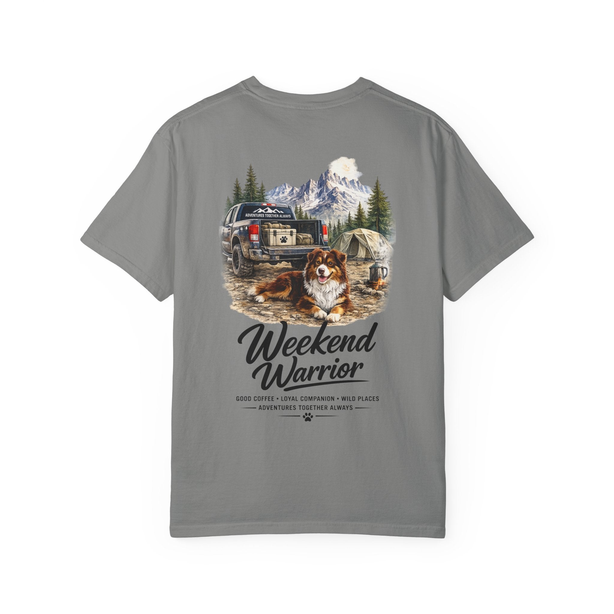 Weekend Warrior Australian Shepherd T-Shirt | Red Tri Aussie Camping Tee | Comfort Colors
