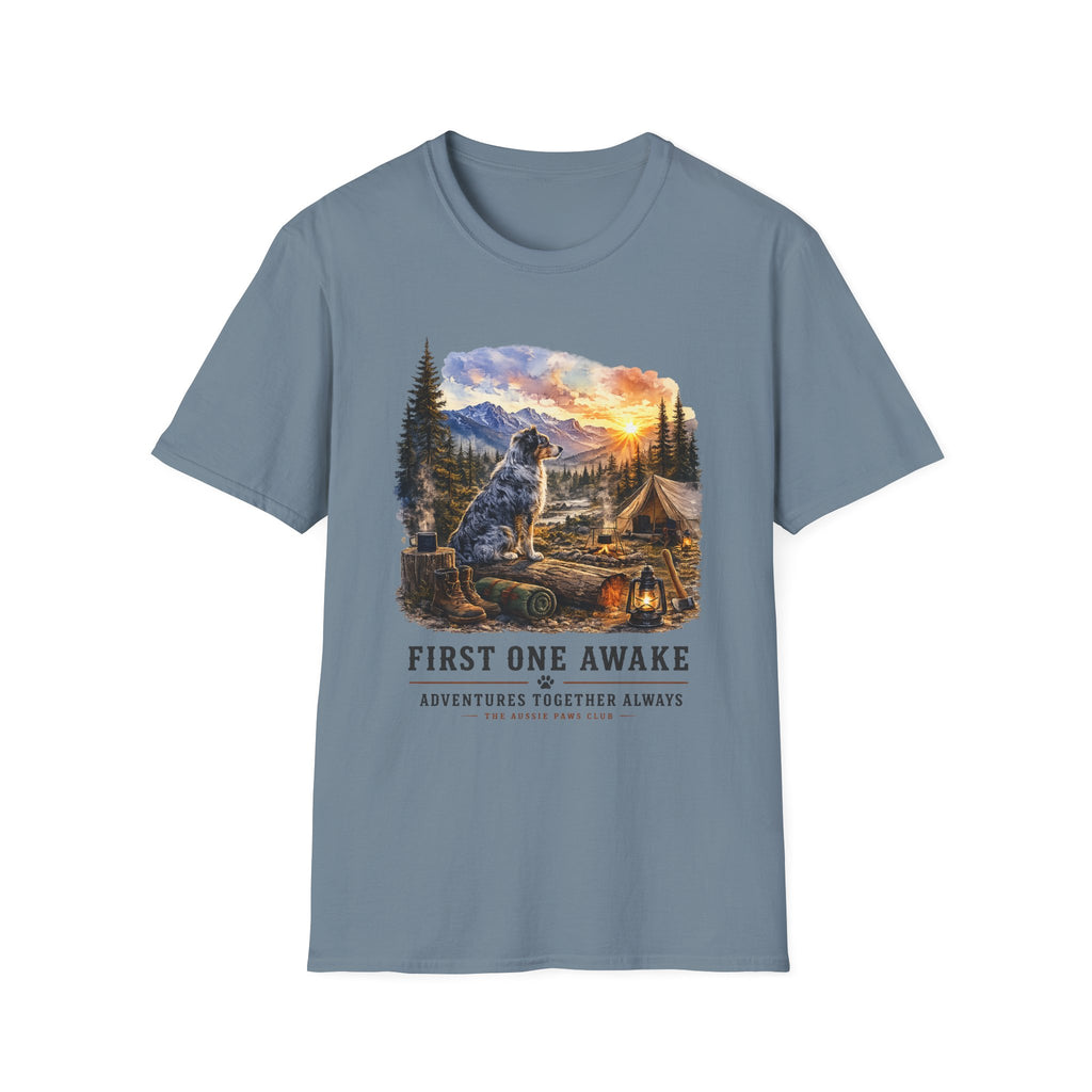 Camping Aussie T-Shirt — "First One Awake" Scenic Mountain Sunrise Tee