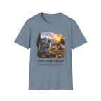 Camping Aussie T-Shirt — "First One Awake" Scenic Mountain Sunrise Tee