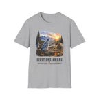 Aussie Blue Merle Camping T-Shirt — "First One Awake" Scenic Mountain Sunrise Tee