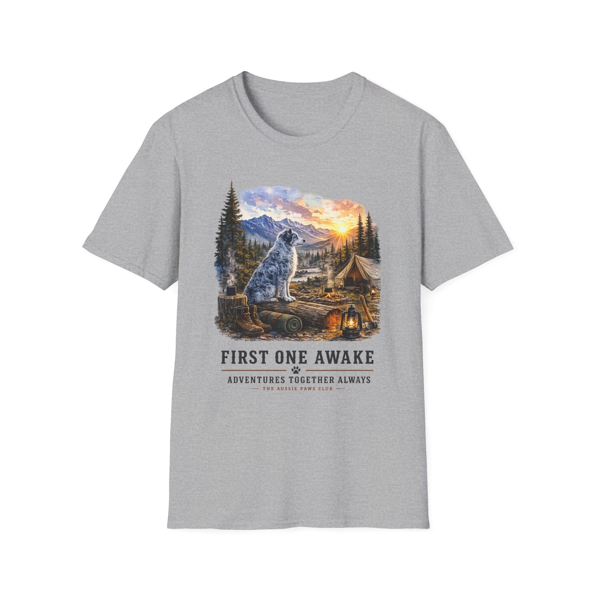 Aussie Blue Merle Camping T-Shirt — "First One Awake" Scenic Mountain Sunrise Tee