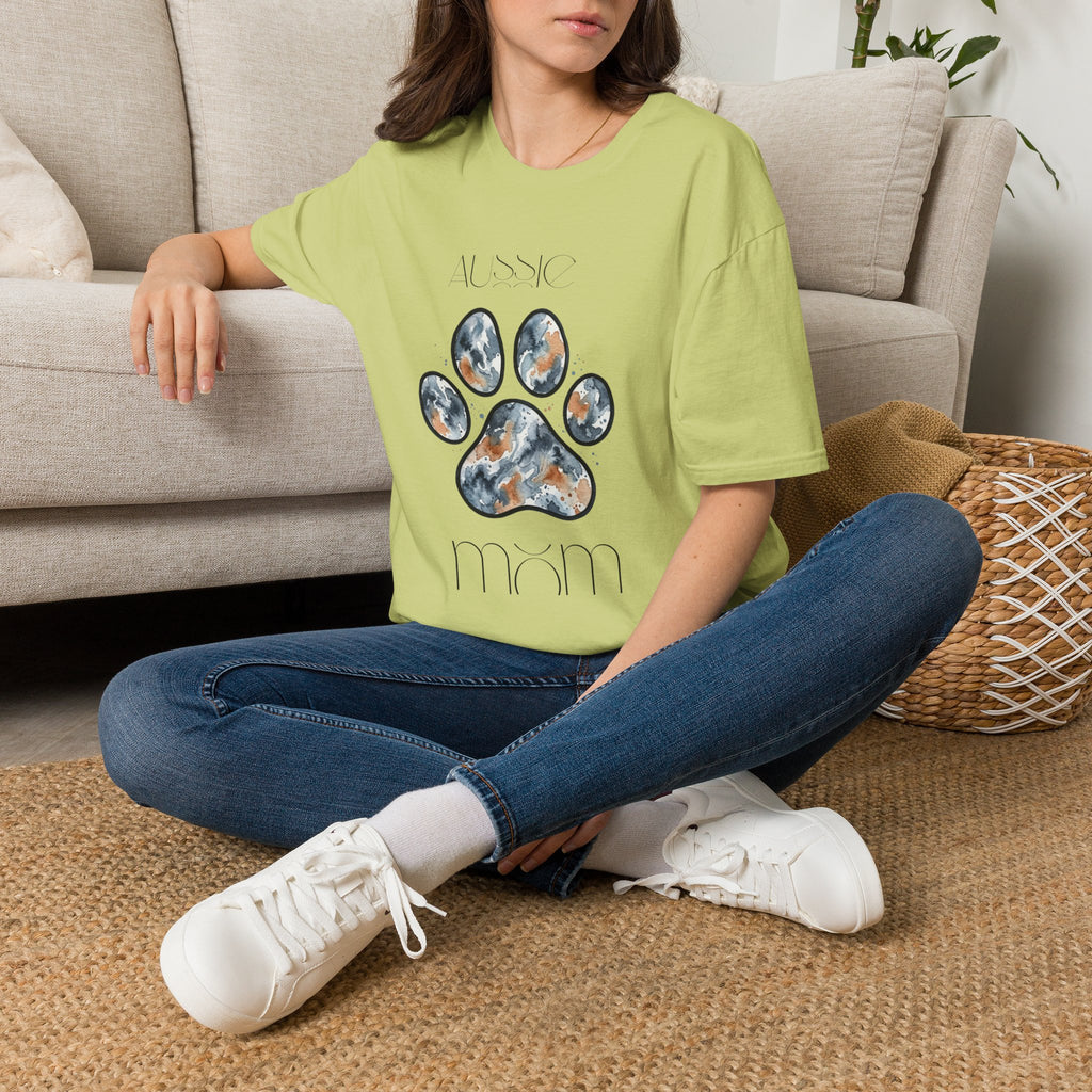 Aussie Mom Merle Paw Print T-Shirt | Watercolor Blue Merle Australian Shepherd Shirt