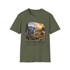 Camping Aussie T-Shirt — "First One Awake" Scenic Mountain Sunrise Tee