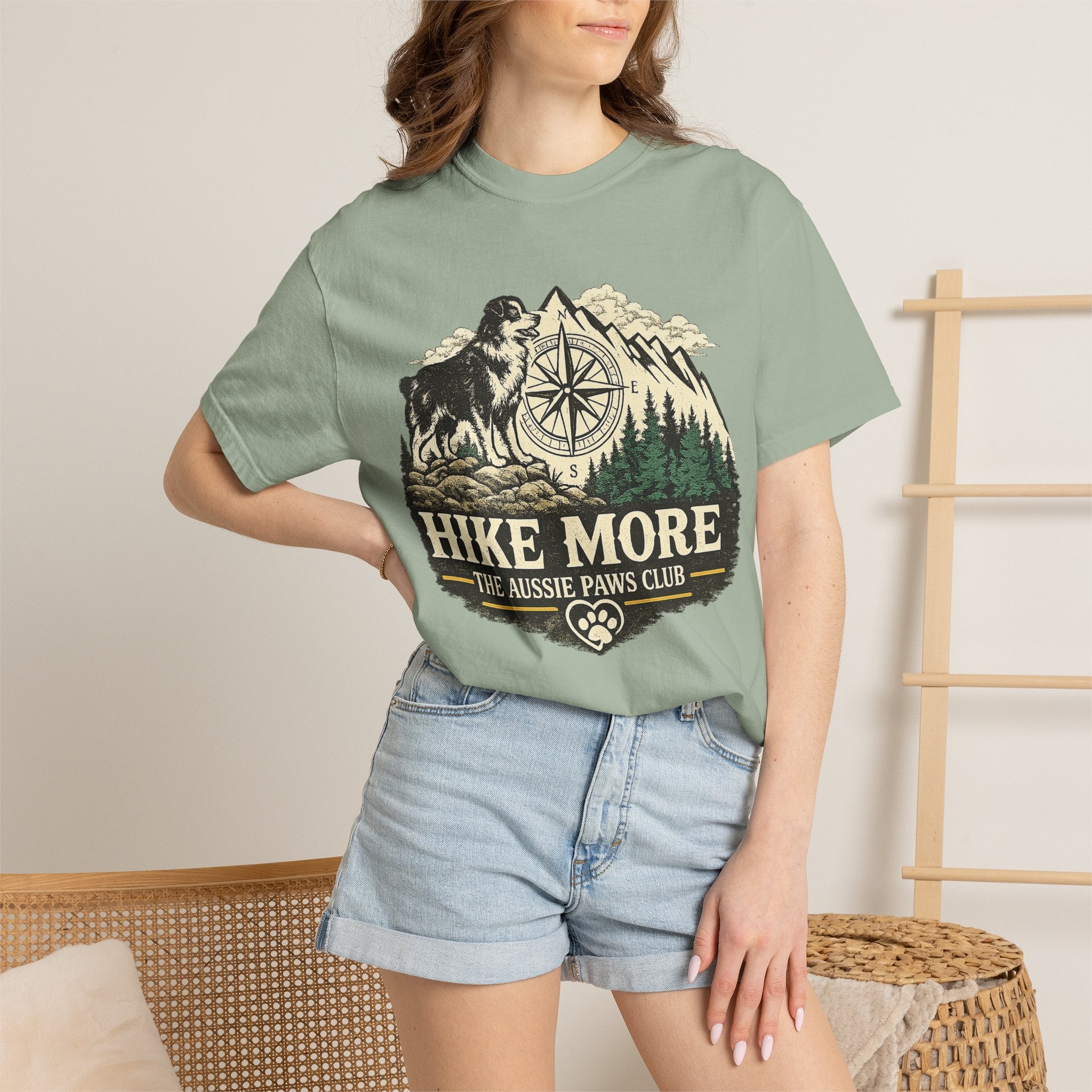 Hike More Australian Shepherd T-Shirt | Vintage Compass Mountain Trail Tee